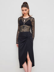 Lace Round Neckline Cut Out Bowknot 	See-through Bodysuit & Mid Rise Ruched Split Midi Skirt Set
