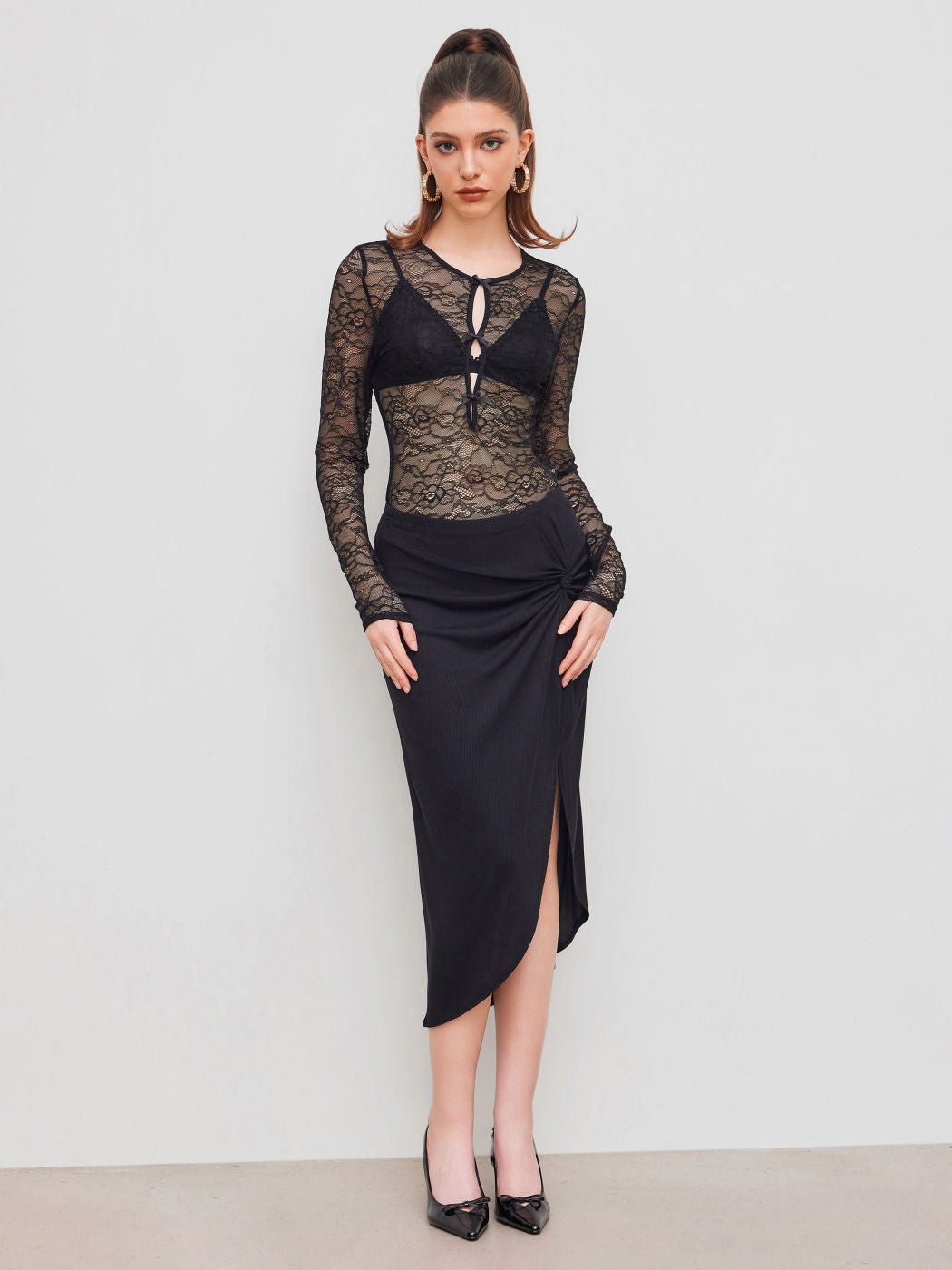 Lace Round Neckline Cut Out Bowknot 	See-through Bodysuit & Mid Rise Ruched Split Midi Skirt Set