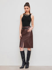 Faux Leather Mid Rise Solid Split Midi Skirt With Belt
