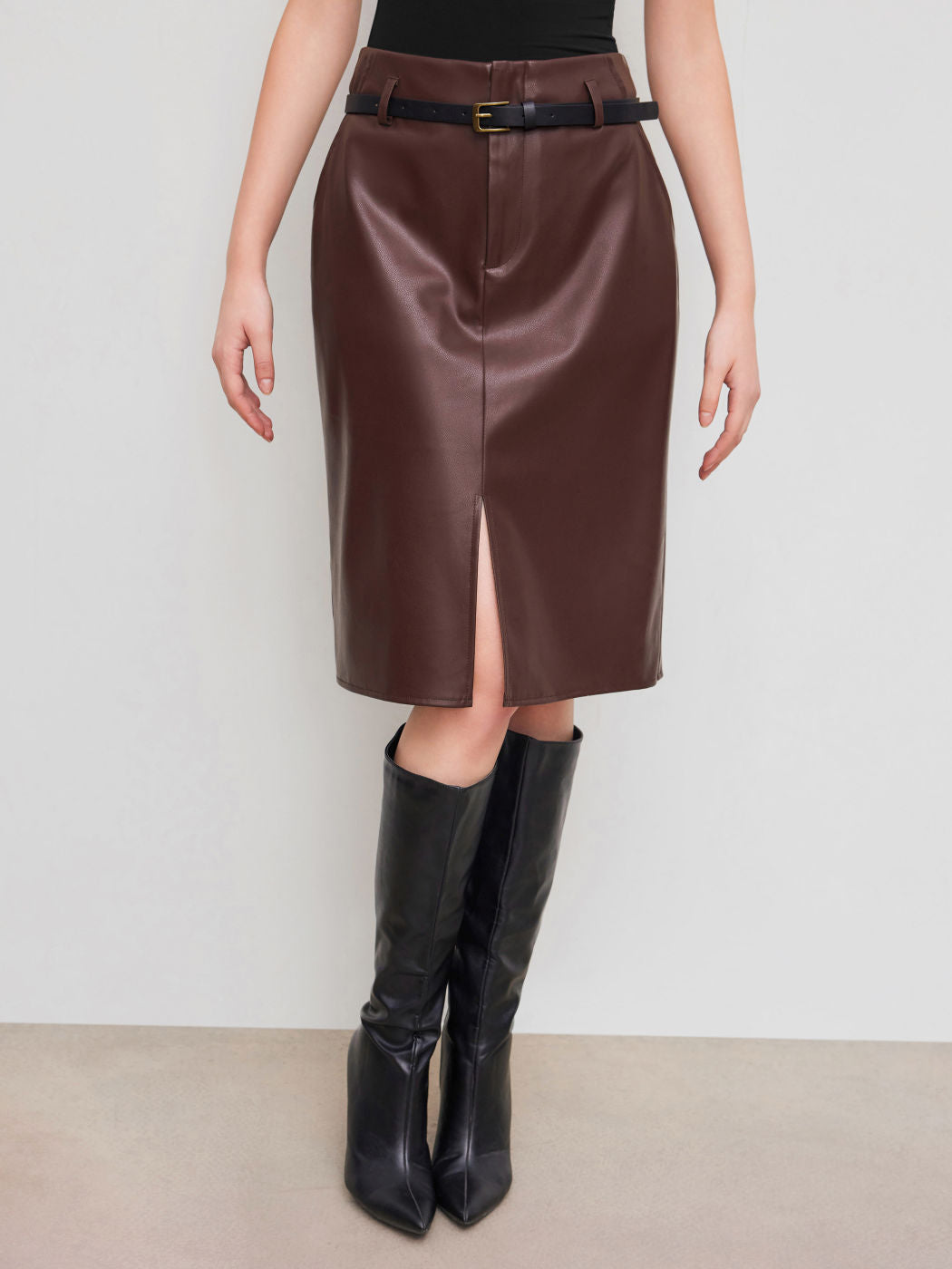 Faux Leather Mid Rise Solid Split Midi Skirt With Belt