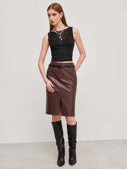 Faux Leather Mid Rise Solid Split Midi Skirt With Belt