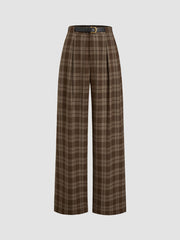 Mid Rise Checks Pocket Wide Leg Trousers With Belt