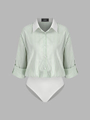 Cotton-blend Collar Striped Long Sleeve Shirt Bodysuit