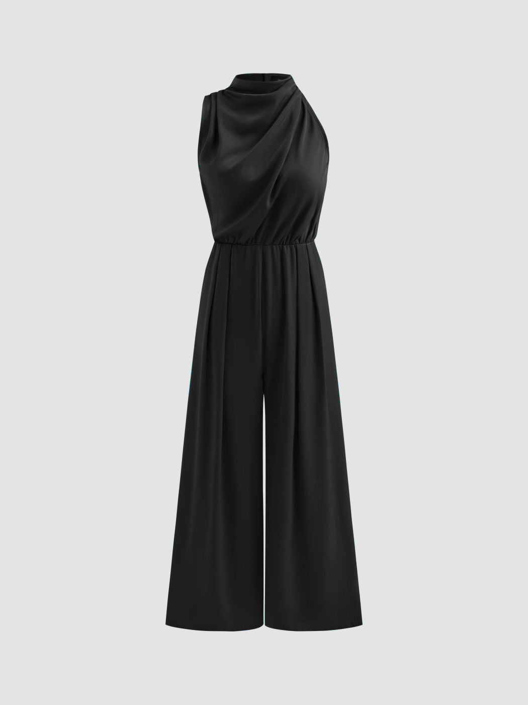 Satin High Neck Solid Zipper Pleated Wide Leg Jumpsuit