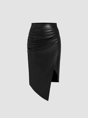 Faux Leather Mid Rise Solid Ruched Split Midi Skirt