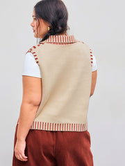 Knit Collar Striped Tie Front Vest Curve & Plus