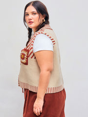 Knit Collar Striped Tie Front Vest Curve & Plus