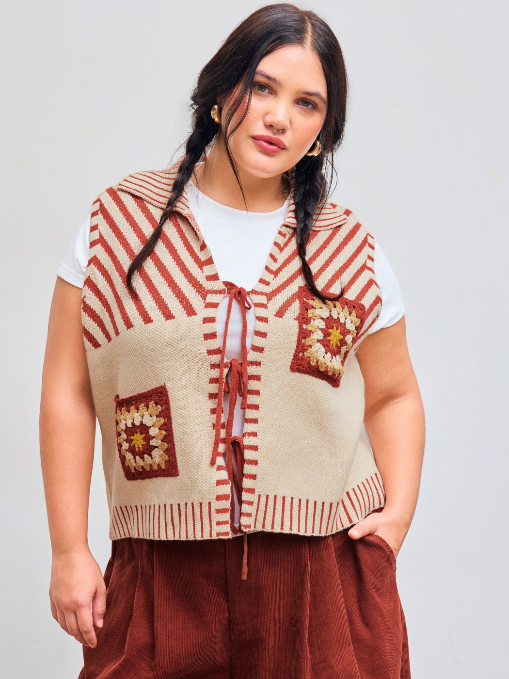 Knit Collar Striped Tie Front Vest Curve & Plus