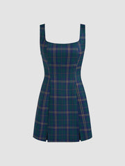 Scoop Neckline Checks Zipper Mini Dress