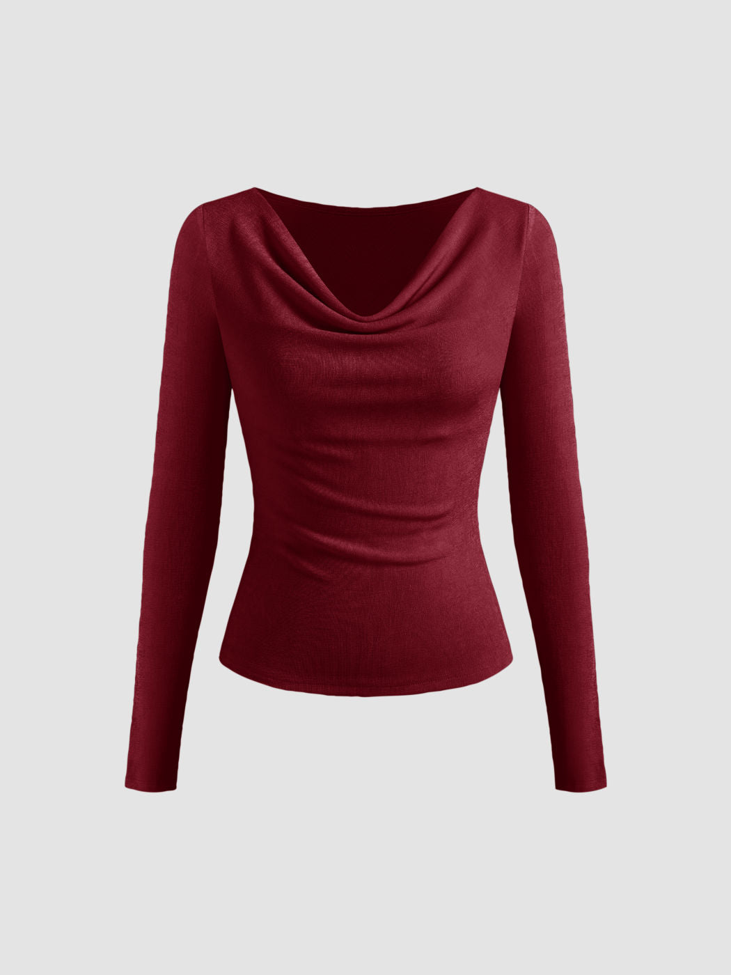 Jersey Cowl Neck Solid Ruched Long Sleeve Top