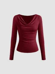Jersey Cowl Neck Solid Ruched Long Sleeve Top