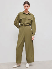 Collar Solid Button Pocket Straight Leg Jumpsuit