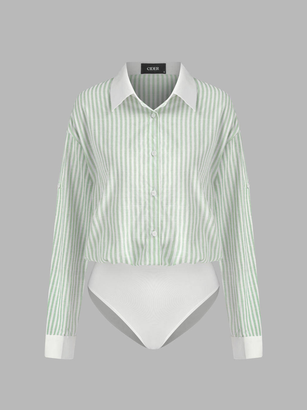 Cotton-blend Collar Striped Long Sleeve Shirt Bodysuit