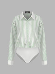 Cotton-blend Collar Striped Long Sleeve Shirt Bodysuit