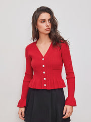 Knit V-neck Solid Button Ruffle Hem Long Sleeve Top