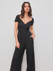 V-neck Solid Ruched Straight Leg Jumpsuit