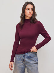 Cotton-blend High Neck Solid Lettuce Trim Long Sleeve Top