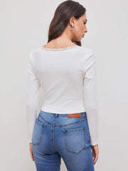 Cotton-blend V-neck Solid Lace Trim Button Ruched Long Sleeve Top