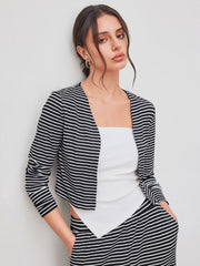 V-neck Striped Long Sleeve Top & Solid Ruched Tube Top set