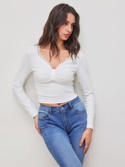 Cotton-blend V-neck Solid Lace Trim Button Ruched Long Sleeve Top