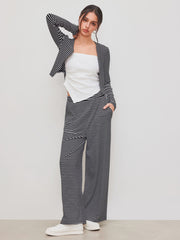 V-neck Striped Long Sleeve Top & Solid Ruched Tube Top set