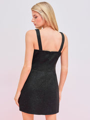 Tweed Square Neck Solid Pocket Zipper Mini Dress