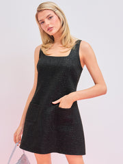 Tweed Square Neck Solid Pocket Zipper Mini Dress