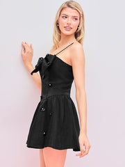 Square Neck Solid Floral Rhinestone Bowknot Mini Dress