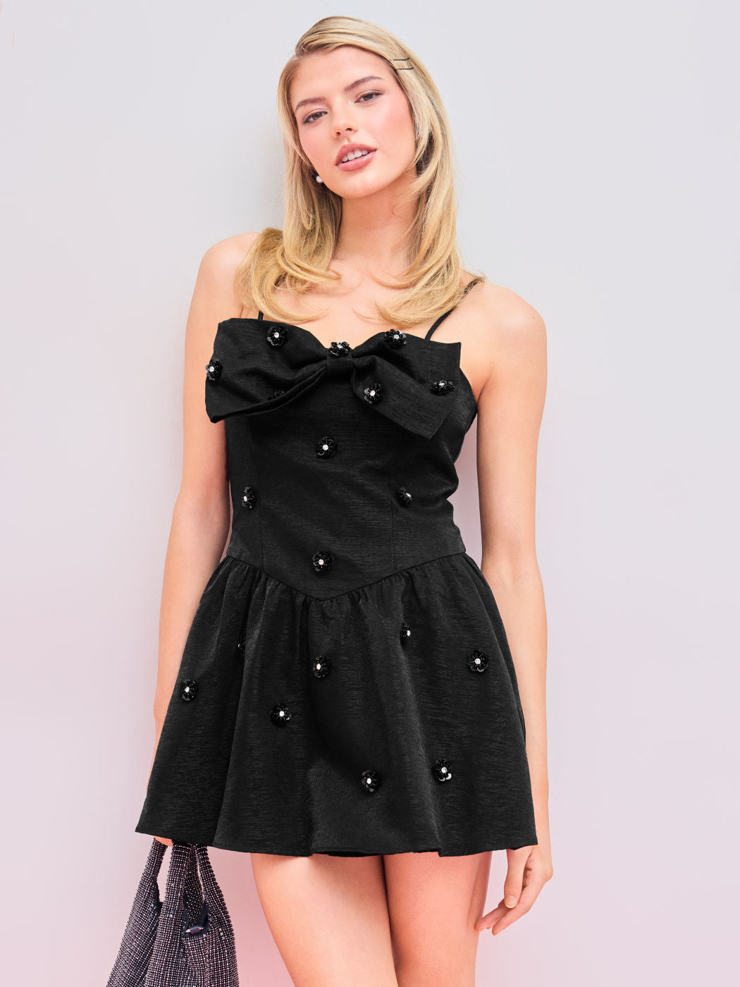 Square Neck Solid Floral Rhinestone Bowknot Mini Dress