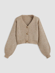 Knit V-neck Solid Button Crop Cardigan & Corduroy Mid Rise Pleated Mini Skirt