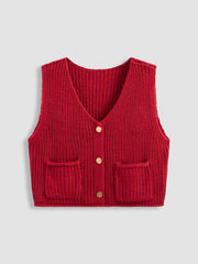 Knit V-neck Solid Button Pocket Crop Vest Curve & Plus