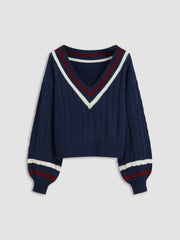 Cable Knit V-neck Solid Contrasting Binding Long Sleeve Top & Corduroy Mid Rise Pleated Mini Skirt