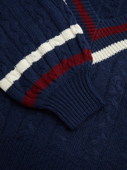 Cable Knit V-neck Solid Contrasting Binding Long Sleeve Top & Corduroy Mid Rise Pleated Mini Skirt