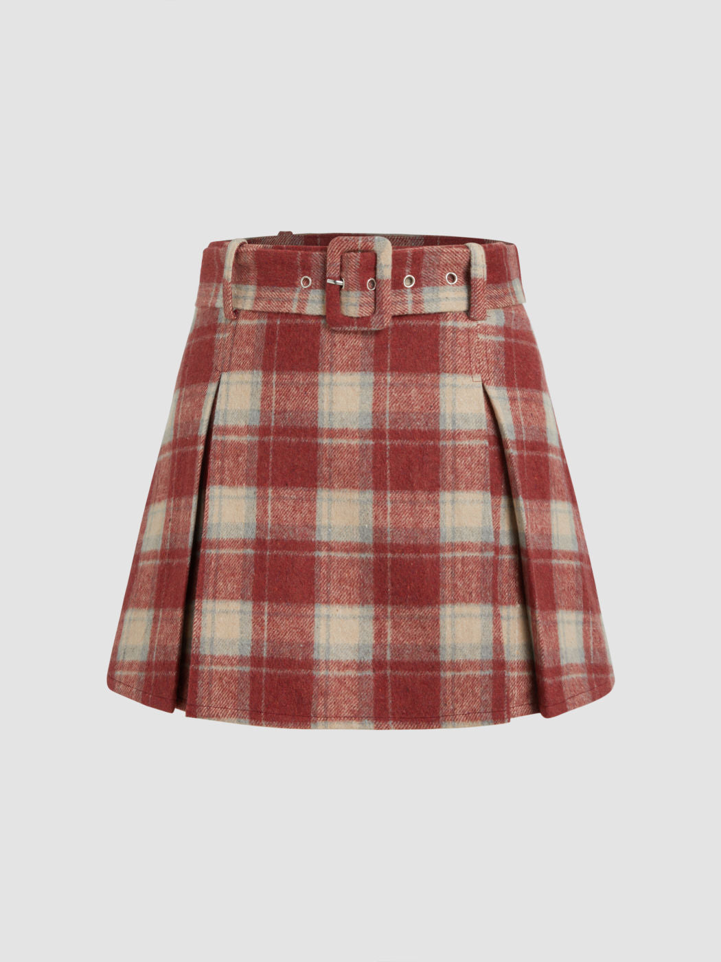 Wool-like High Rise Check Mini Skirt With Belt