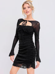 Mesh Round Neckline Glitter Ruched Knotted Mini Dress