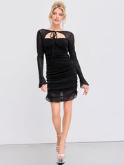 Mesh Round Neckline Glitter Ruched Knotted Mini Dress