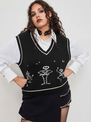 Knit V-neck Skeleton Contrasting Binding Vest Curve & Plus