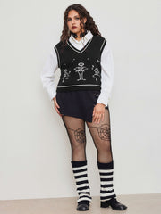 Knit V-neck Skeleton Contrasting Binding Vest Curve & Plus