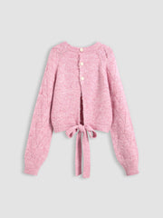 Knit Round Neckline Hollow Out Rhombus Knotted Long Sleeve Top