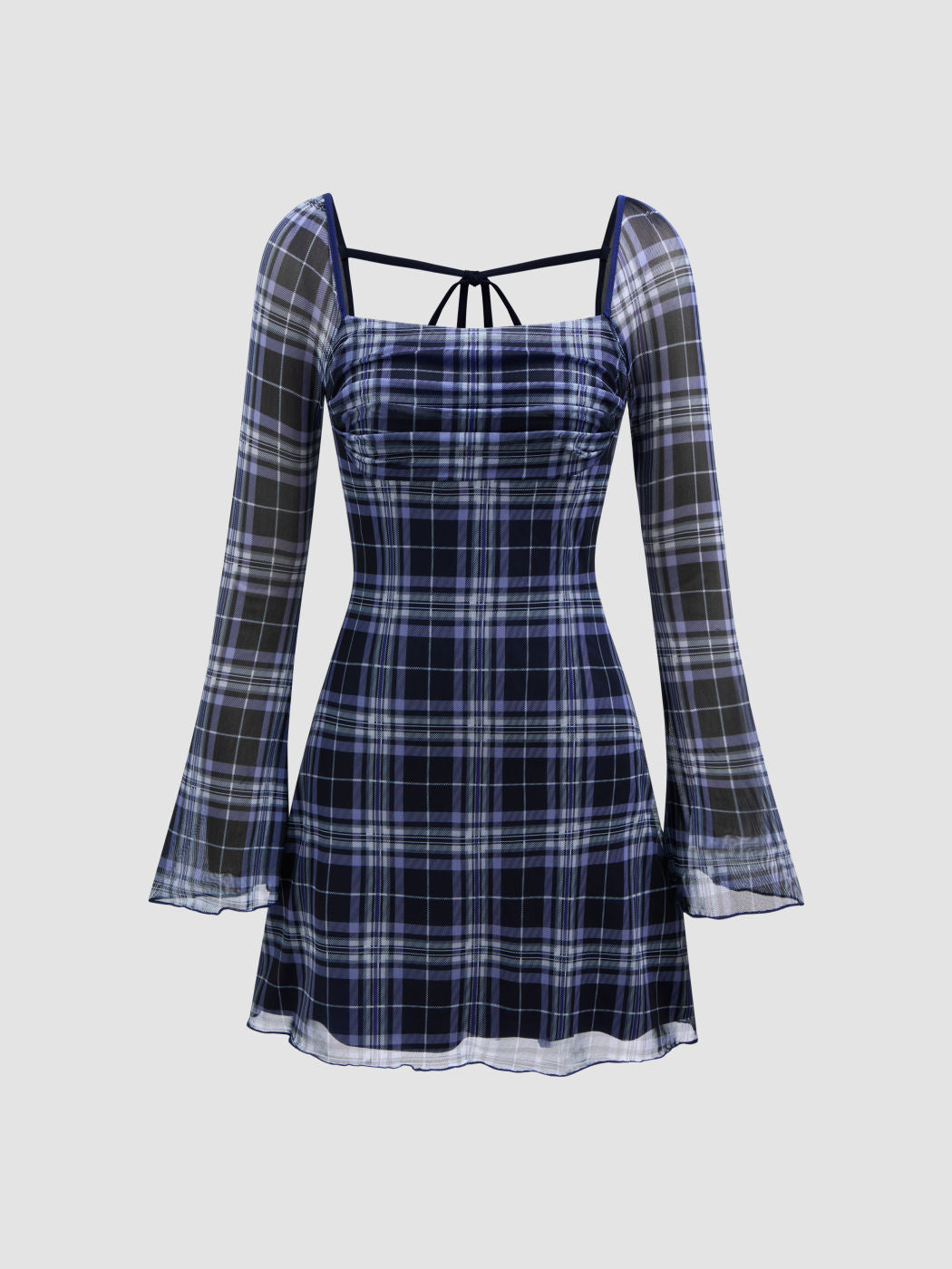 Mesh Square Neck Check Knotted Mini Dress