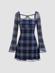 Mesh Square Neck Check Knotted Mini Dress
