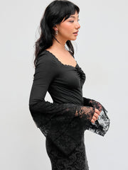 Rib Sweetheart Knotted Lace Layered Sleeve Bodysuit