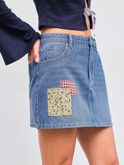Denim Low Rise Gingham & Floral Appliques Button Pocket Mini Skirt