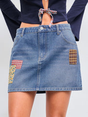 Denim Low Rise Gingham & Floral Appliques Button Pocket Mini Skirt