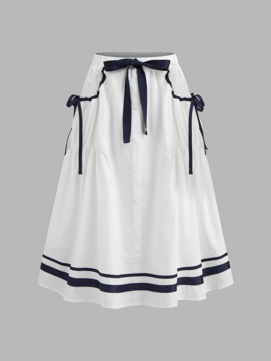 100% Cotton Mid Rise Striped Bowknot Pocket Maxi Skirt