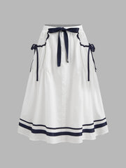 100% Cotton Mid Rise Striped Bowknot Pocket Maxi Skirt