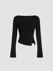 Boat Neck Solid Button Long Sleeve Crop Top