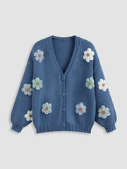 V-neck 3D Flower Knitted Cardigan Curve & Plus