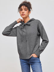 Knit Hooded Solid Drawstring Long Sleeve Top