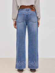 Cider Denim Low Rise Flared Embroidery Pocket Straight Leg Jeans